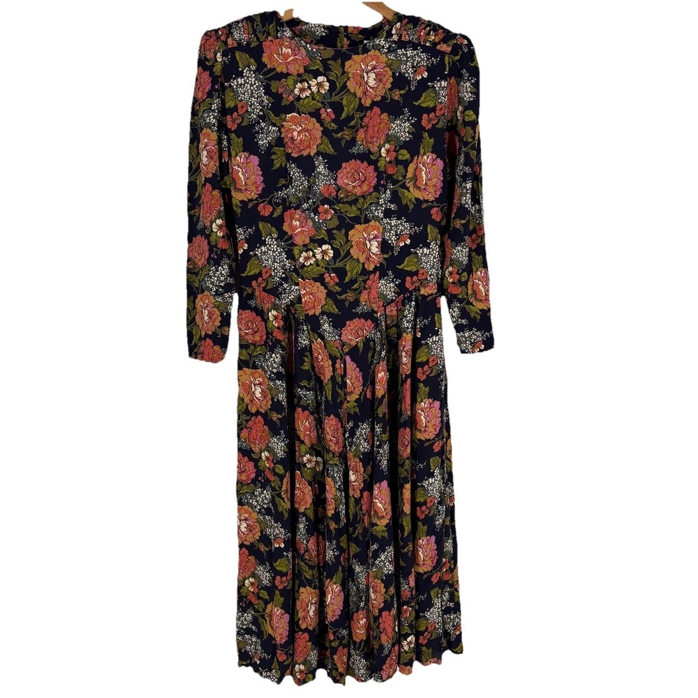 Vintage Ed Michaels Dress Womens 10 Blue Floral Long Sleeve Fit & Flare Maxi